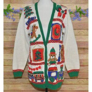 Vintage Marisa Christina Ladies White Christmas Toys Cardigan Sweater Size S